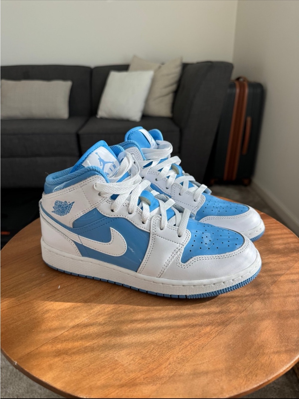 Jordan Kids Mid-Top Sneakers in White & Light Blue